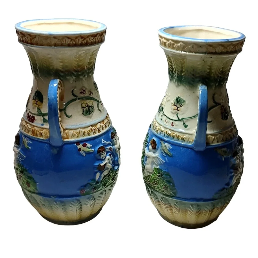 Vintage Japanese Majolica Porcelain Vase Cherubs 7.25 in Hand Painted Lot of Two